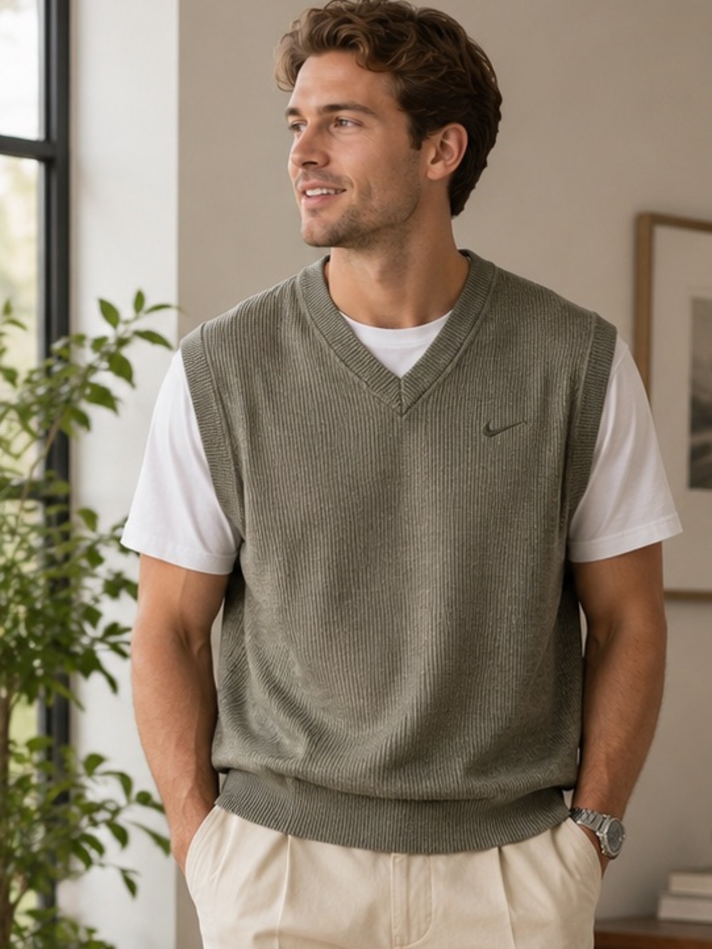 Nike Golf Ribbed V-Neck Sweater Vest Olive Green Cotton Blend Embroidered Logo M